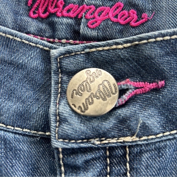 WRANGLER Medium Wash Pink Accents Womens Size 9/10 Low Rise Bootcut Jeans Cowboy - Picture 5 of 16